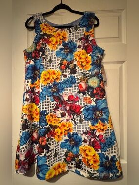 NWT Signature Robbie Bee Sz Lg Sleeveless Floral A-Line Dress Blue, Yellow & Red